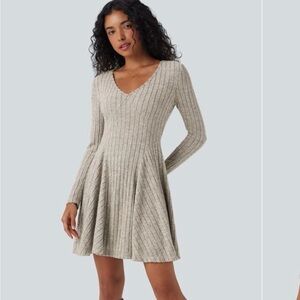 HALARA Ribbed V‑Neck Long Sleeve Swing Dress - Light Beige